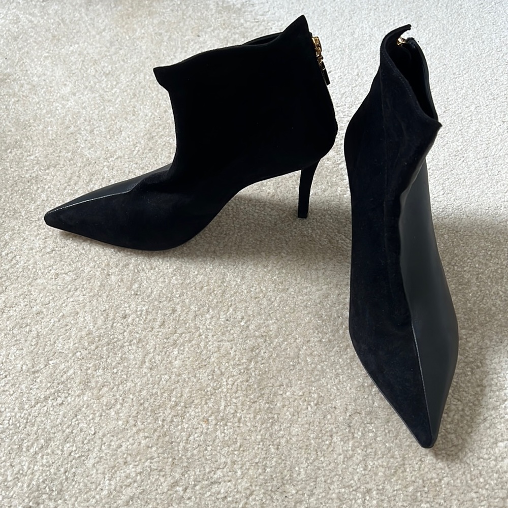 Black suede and leather Lafayette 148 pointed booties